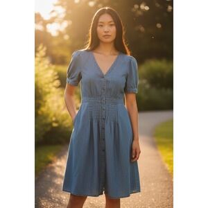 Madewell Denim Pintuck Button Front Dress Blue Chambray Puff Sleeve Mini Dress